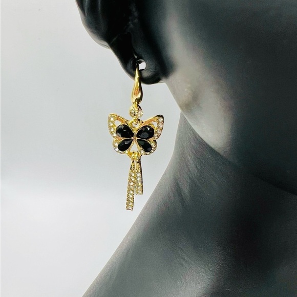 Crystal Studded Gold Butterfly Dangle Earrings in Black and Gold - Picture 6 of 10